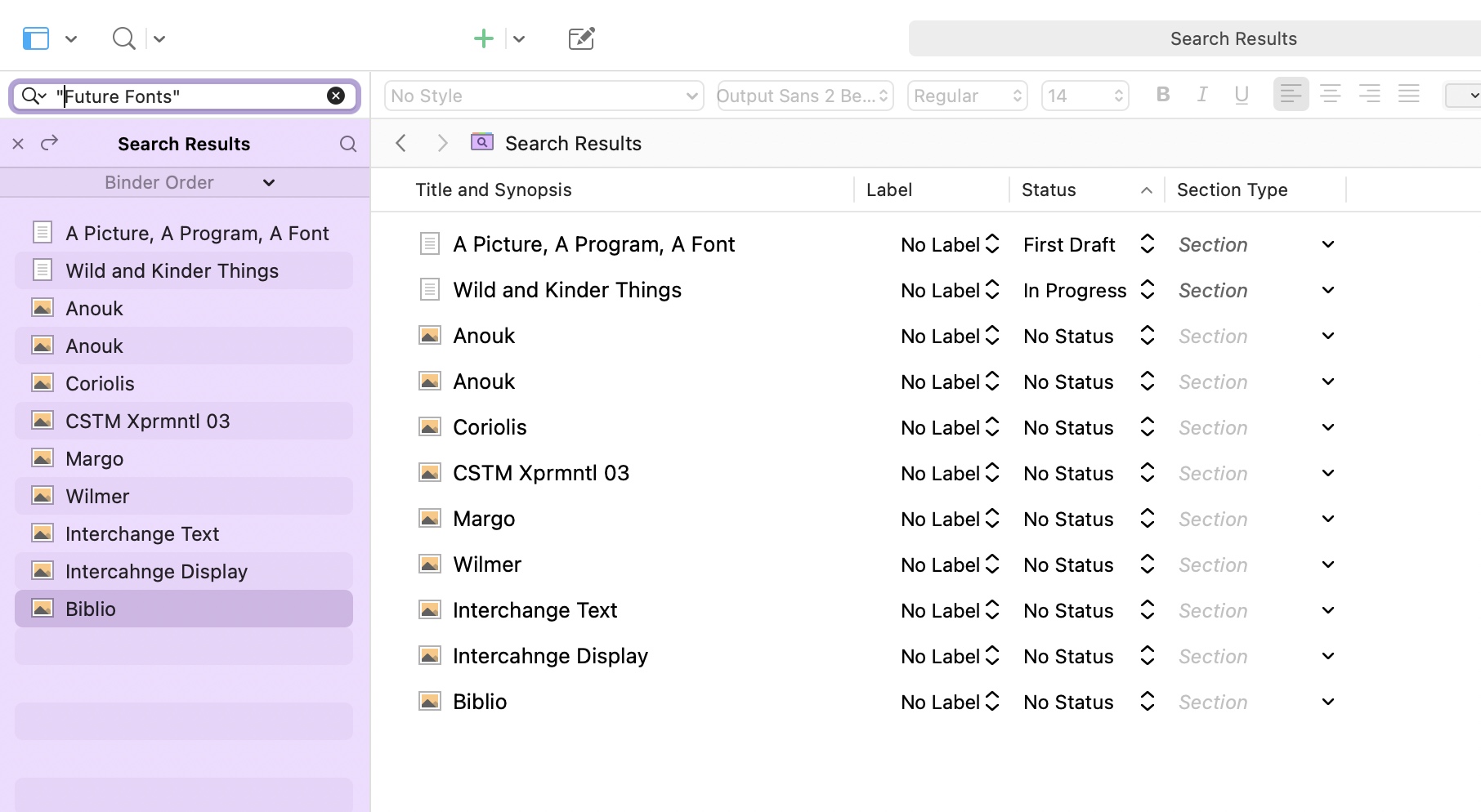 A screenshot of how I’m using the Scrivener app to search through my archives